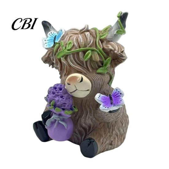 Chic Holiday Presents for Friends Lavender Highland Cow Resin Figurine, Cute Fluffy with Butterfly Bow & Floral Wreath, Garden Accents Pastel