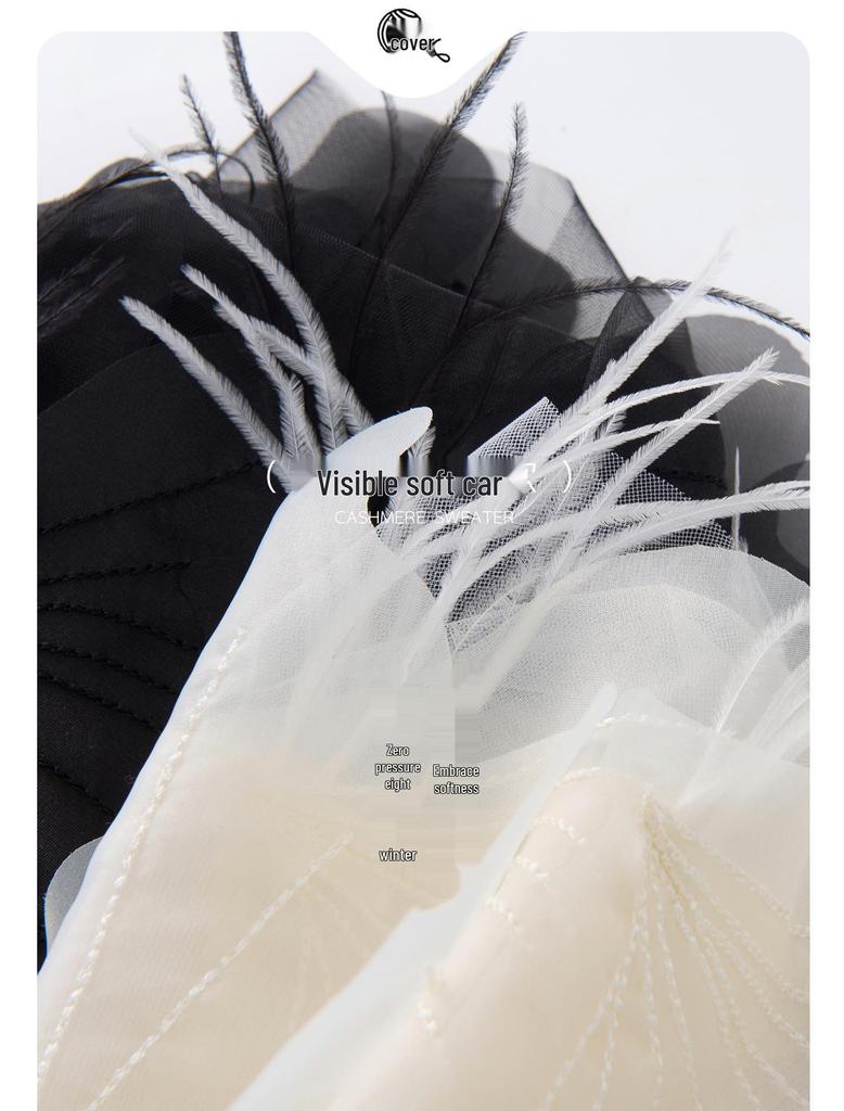 Кашемировый свитер с воротником-стойкой и вышитыми вручную цветами: На одно плечо, Сексуальный и Трехмерный дизайн с перьями