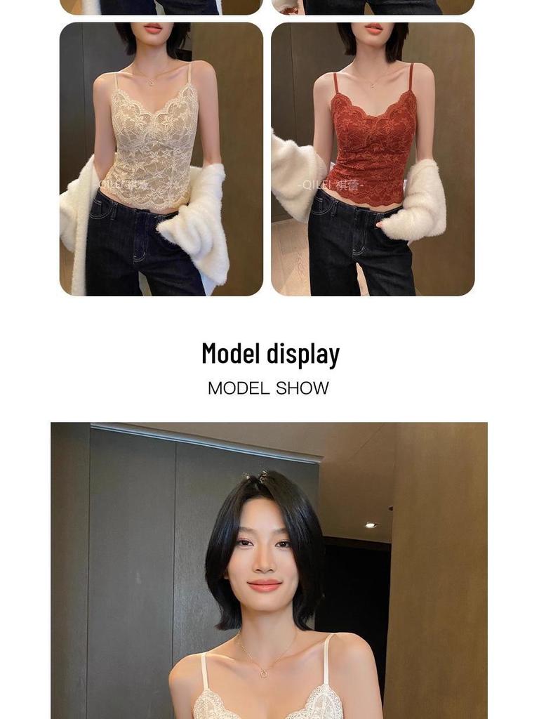 Женский кружевной топ-майка на флисовой подкладке - Теплый утепленный слой для осени/зимы