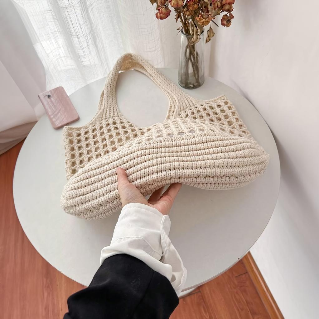 Lightweight Women's Minimalist Crochet Tote Bag Large Capacity Hollow Out Woven Design, Durable Fabric with Fixed Shoulder Strap