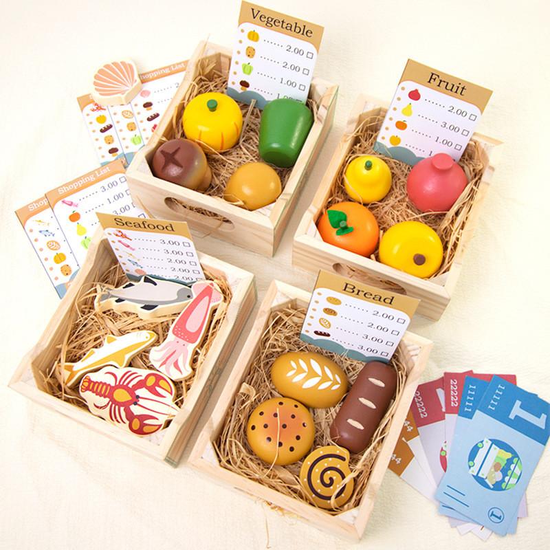 Wooden Boxed Simulation Fruit Bread Sea Food Vegetables Children Set Toys