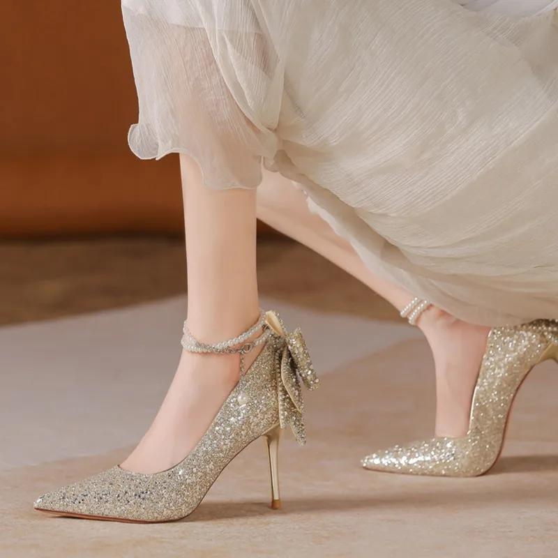 Осенние женские туфли-лодочки Роскошные туфли-лодочки со стразами, бантом, пайетками, цепочкой из жемчуга Удобные туфли на высоком каблуке Женская обувь для вечеринки и свадьбы