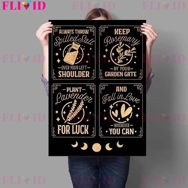 Ведьмы Кухонные правила и травы Волшебные блюда Винтажная настенная живопись на холсте Волшебный знак и кошки Ведьмы заклинания Плакат с принтом без рамки