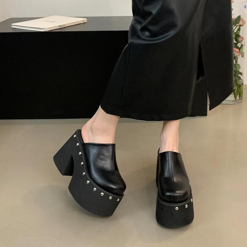 Модные женские туфли из искусственной кожи на высоком каблуке 11 см, летние черные туфли-лодочки на танкетке с круглым большим носком, женские сандалии, тапочки большого размера