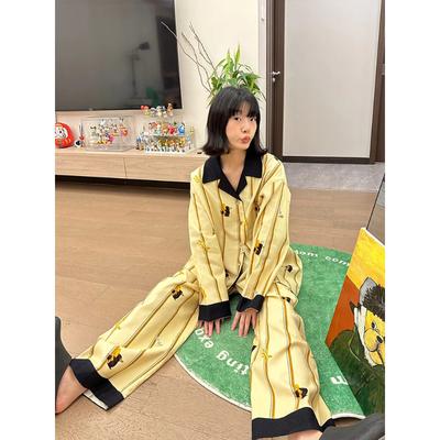 Повседневная полосатая пижама с длинными рукавами и принтом животных из мультфильмов для женщин, весна и осень, новый комплект из 2 предметов для дома больших размеров