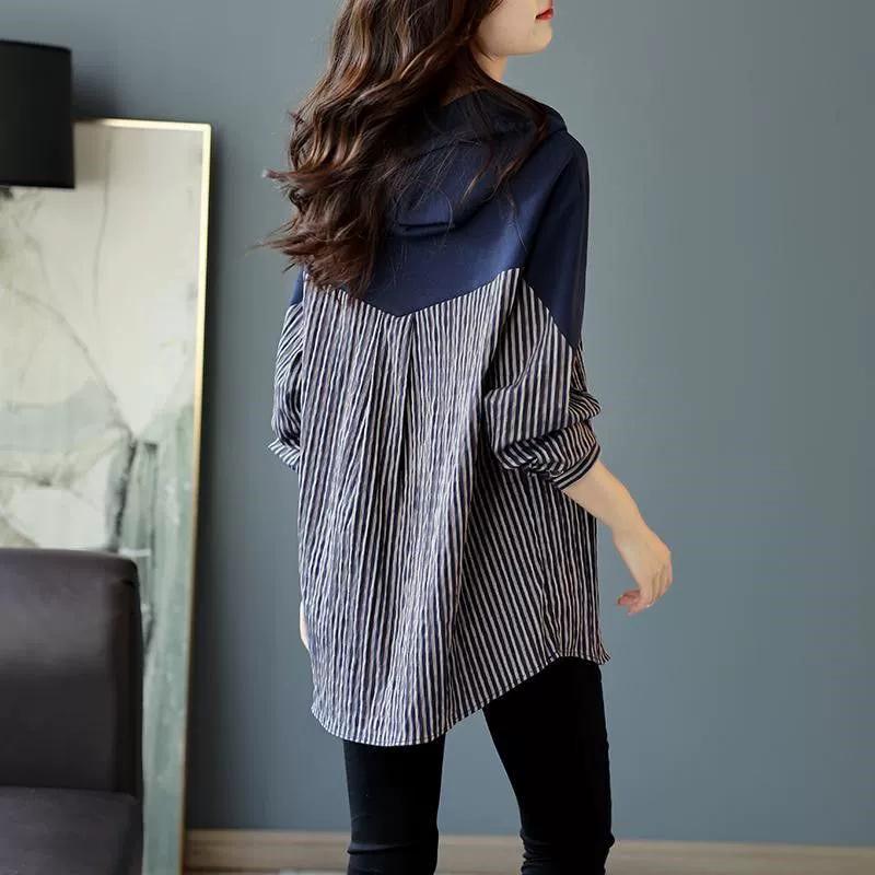 Весна-Осень Женское Полосатое Пальто С Капюшоном Сращивание Дамский Длинный Рукав Пуловер Корейский Повседневный Куртка Свободный Тонкий Пальто