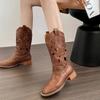 Summer Brown Mid-Calf Hollow Out Embroidered Western Boots Retro Style Desert Women's Shoes Leather Upper Round Toe Rubber Sole