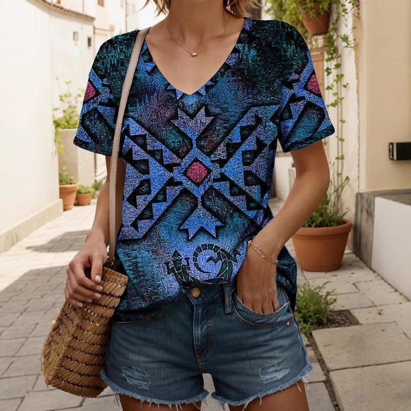 Модная повседневная женская одежда с красочными узорами 3D-принт Футболка с V-образным вырезом Свободная женская футболка с коротким рукавом
