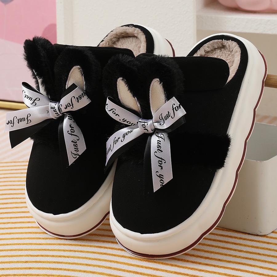 Women's Warm Home Slippers Cute Autumn Winter New Arrival Bow Thick Plush Non-Slip Soft Slippers Bedroom Platform Ladies Slides
