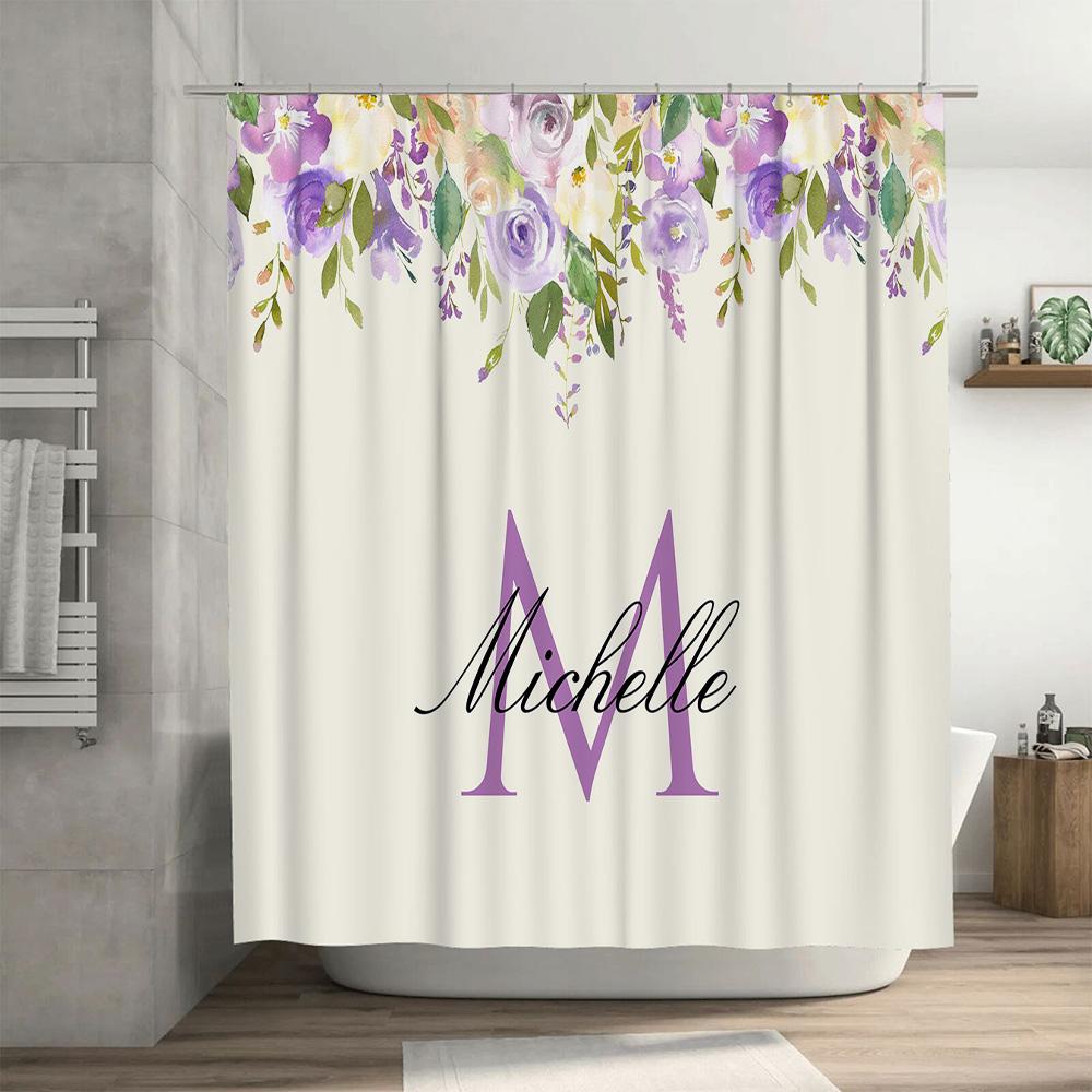 Шторка для душа в ванную с инициалами и цветочным узором для декора дома. Возможен индивидуальный размер. (Белый Бак