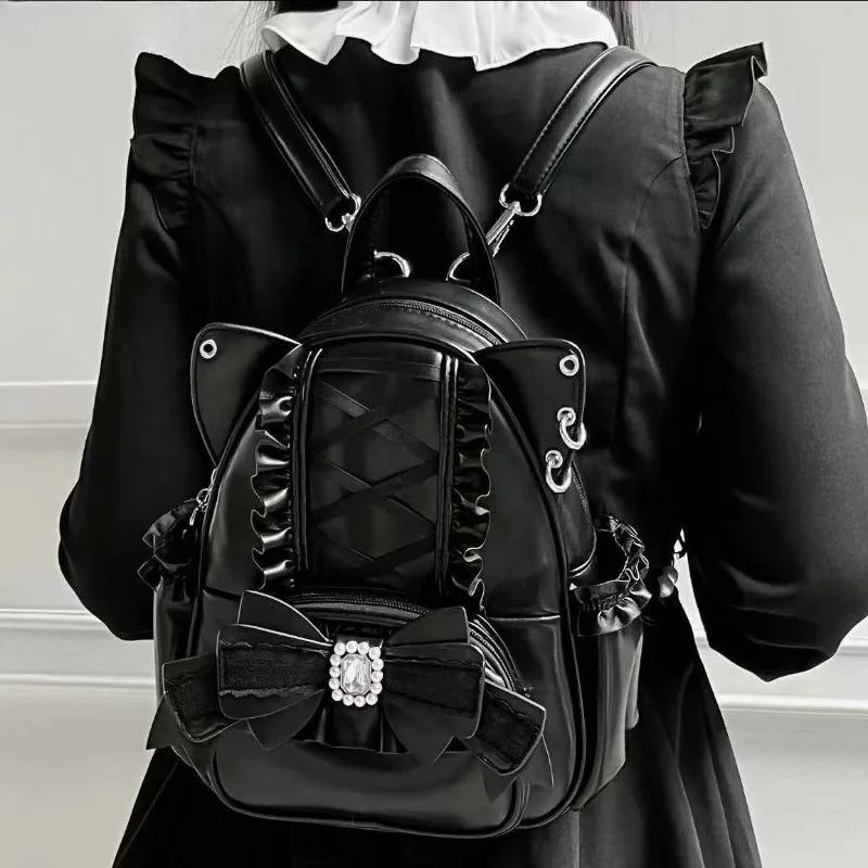 Женский рюкзак Lolita Black Pink Sweet Japanese Lace Bow Cat Ear Back Backpack Student Cute Leather Shoulder Bag School Bags