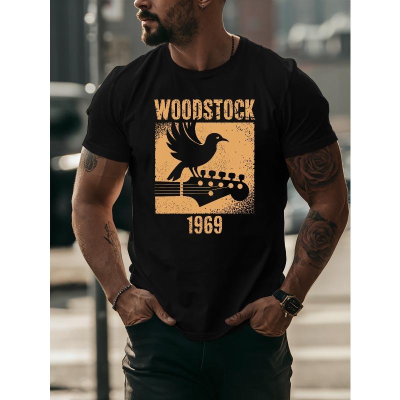 Мужские летние футболки Woodstock 1969, Модные и трендовые с принтом, Весенние и летние, С круглым вырезом, Повседневные, Универсальные топы