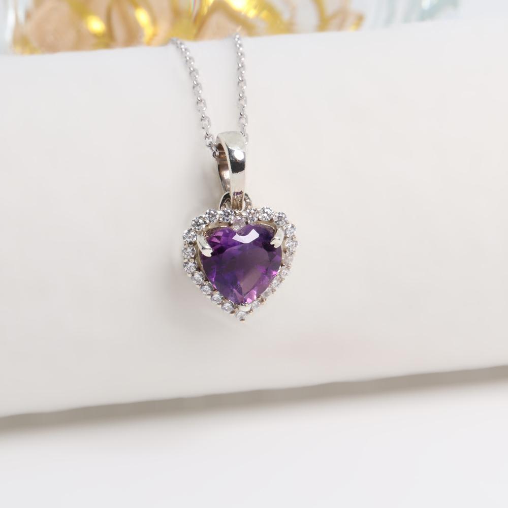 S925 Silver "Love" Heart Shape African Amethyst Gemstone Pendant Necklace Fine Jewelry for Lady Wife Daughter Birthday Gift