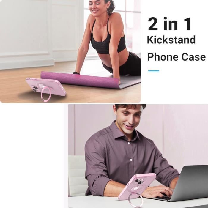 Coque pour iPhone 15, Antichoc Rigide avec Support Anneau Magnétique Réglable et Protection Caméra - Translucide Rose