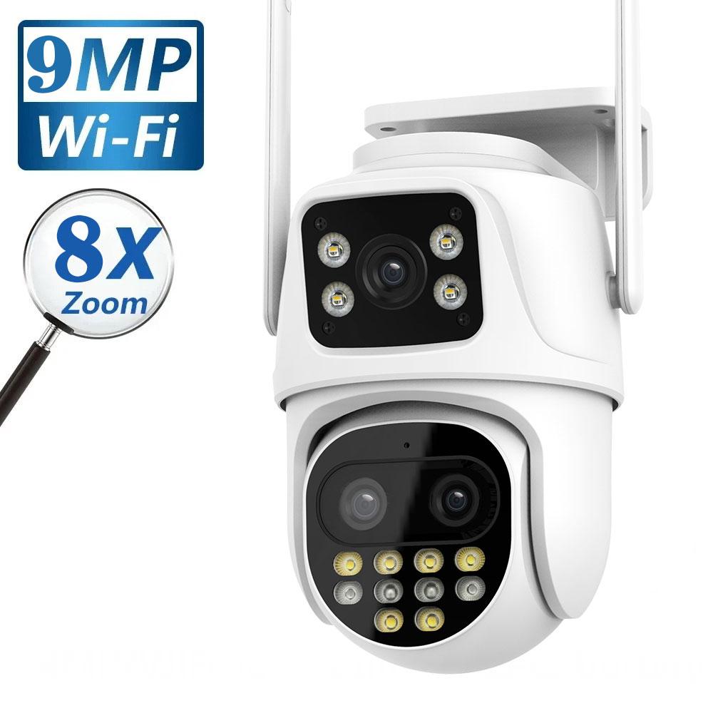 5K 9MP Wifi PTZ наружная камера с 8-кратным зумом и автоматическим слежением HD с тремя объективами и двумя экранами CCTV камера видеонаблюдения ICsee