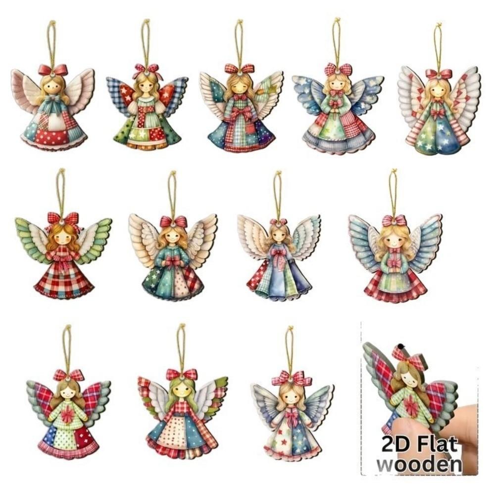 12 pcs Colorful Design Christmas Tree Decor Wooden Girl-Shaped Pendant Home Decor Xmas Decor Winter