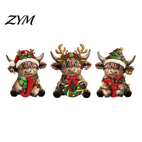 Exquisite Resin Crafts for Display 3Pcs Christmas Highland Cow Figurine, Yak Statues with JOY Letter Sign, Elegant Ornaments Gift Farmhouse