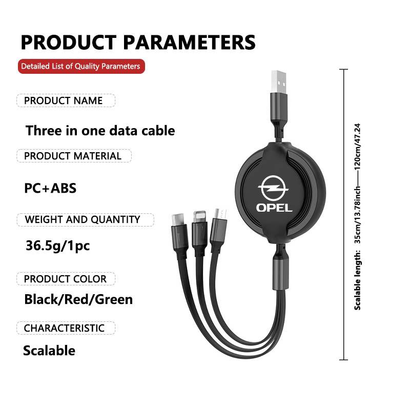 Автомобильный выдвижной кабель 3 в 1 Micro Data USB Type C для быстрой зарядки для Opel ADAM ASTRA J K CORSA E INSIGNIA MOKKA VIVA Meriva