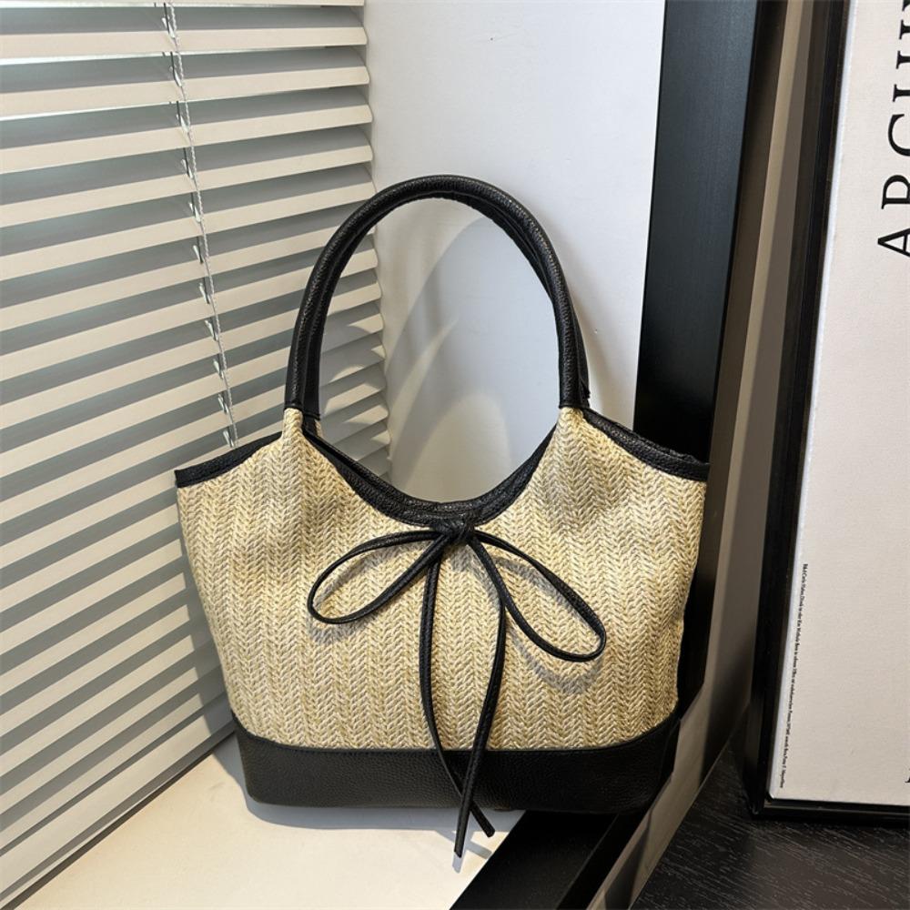 Elegant Straw Shoulder Bag Bow Tie Women's Handbag Trendy Weaving Tote Bag Lady