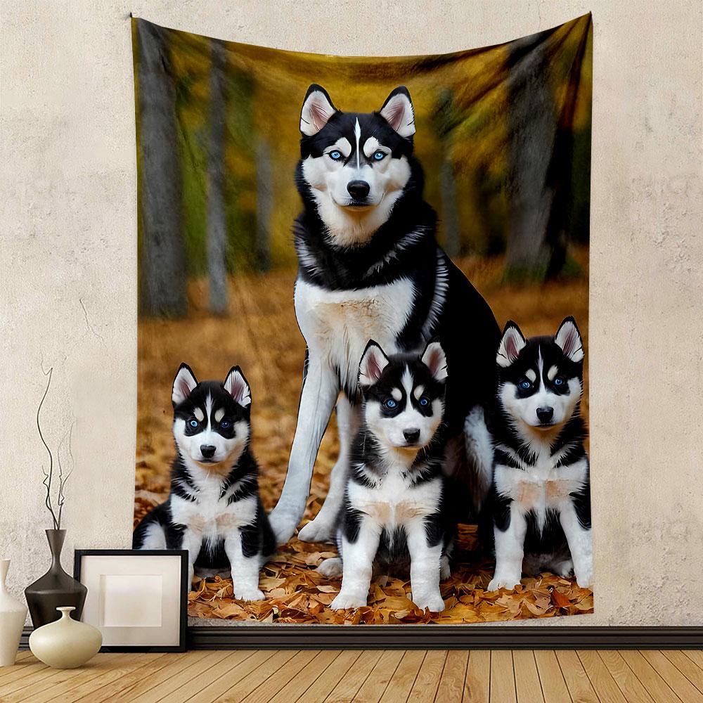 Husky Family in Autumn Forest Patterned tapestry home decor, suitable for bedroom and living room, gift