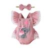 Newborn Girl Outfit, Fly Sleeve Embroidery Elephant Heart Romper with Hairband Valentine 's Day Clothes
