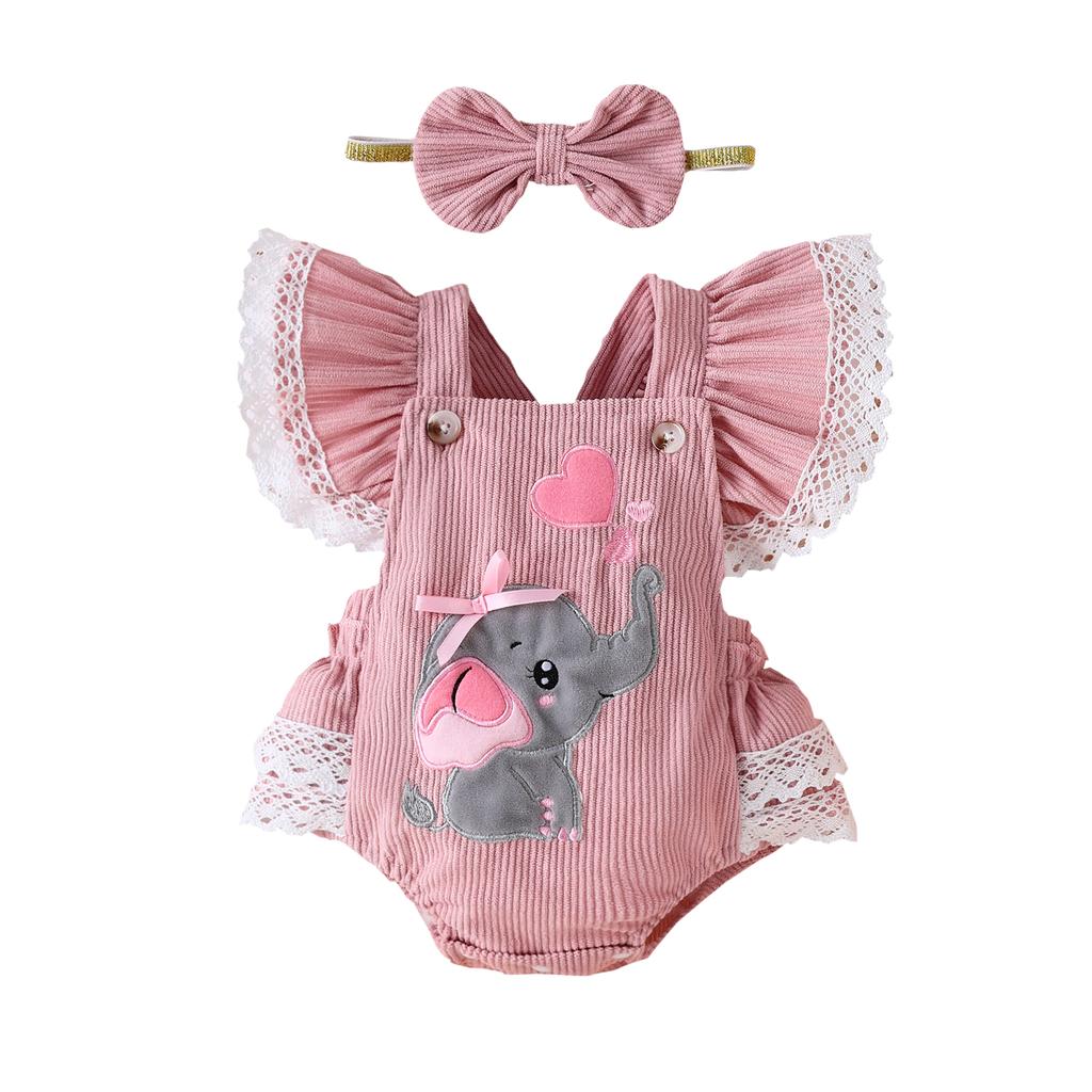 Newborn Girl Outfit, Fly Sleeve Embroidery Elephant Heart Romper with Hairband Valentine 's Day Clothes