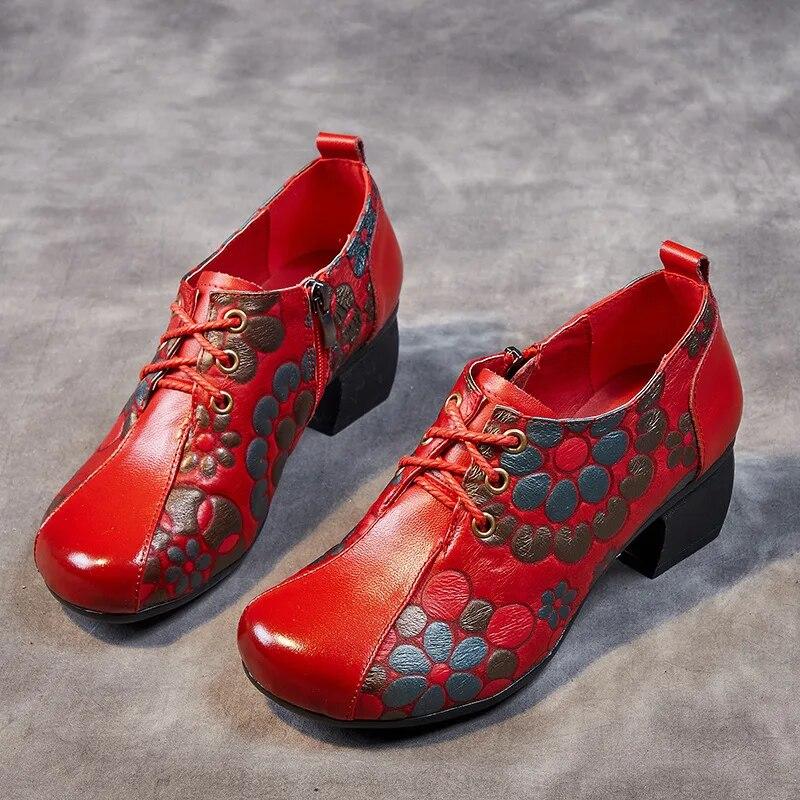 Johnature Женская обувь с принтом, туфли-лодочки из натуральной кожи в этническом стиле с круглым носком на толстом каблуке и мягкой подошвой