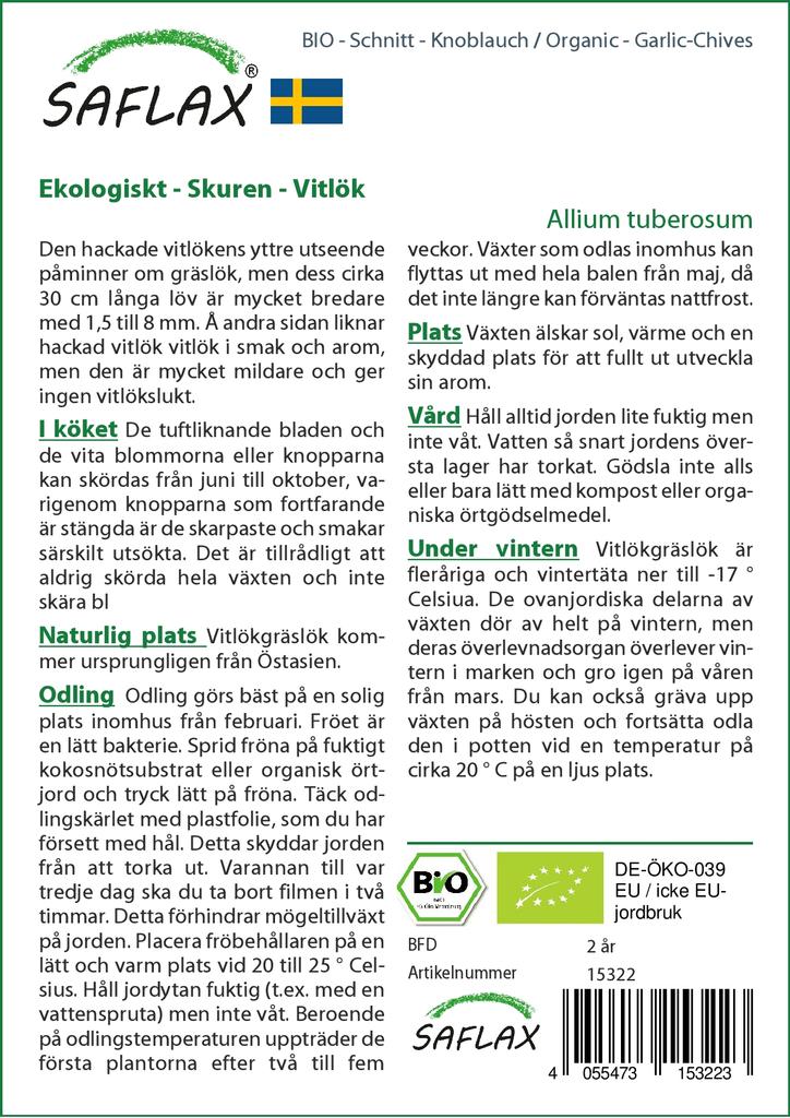 SAFLAX Garden in the Bag - Органический - Чеснок-Шнитт-лук - 100 семян - С субстратом в подходящем пакете - Allium Tuberosum