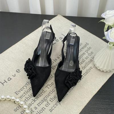 Романтичные сандалии с ремешком на пятке и цветком розы. Женские шикарные туфли с острым носком и каблуком-рюмочкой. Туфли-лодочки из денима на шпильке. Женские повседневные туфли для вечеринок.