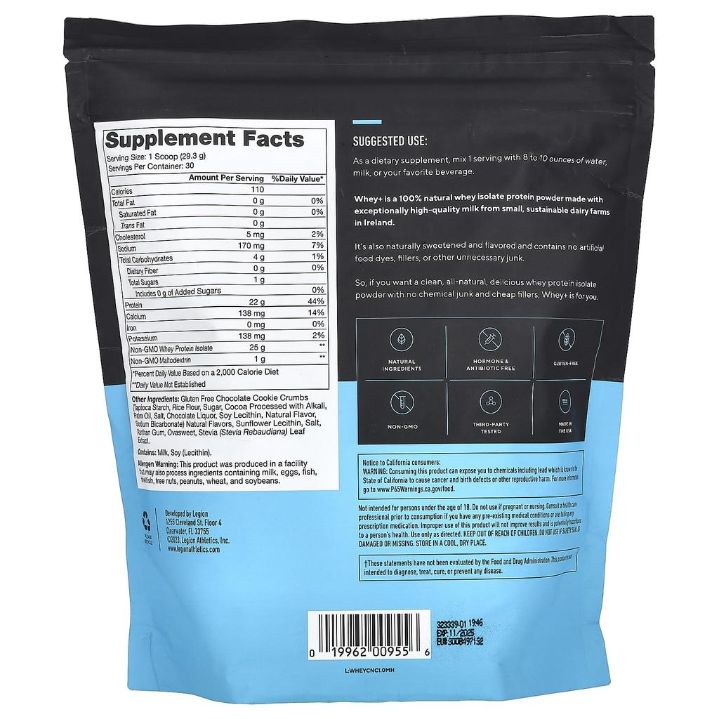 Legion Athletics Whey+, Whey Protein Powder, Cookies and Cream, 1.94 Lbs (879 G)