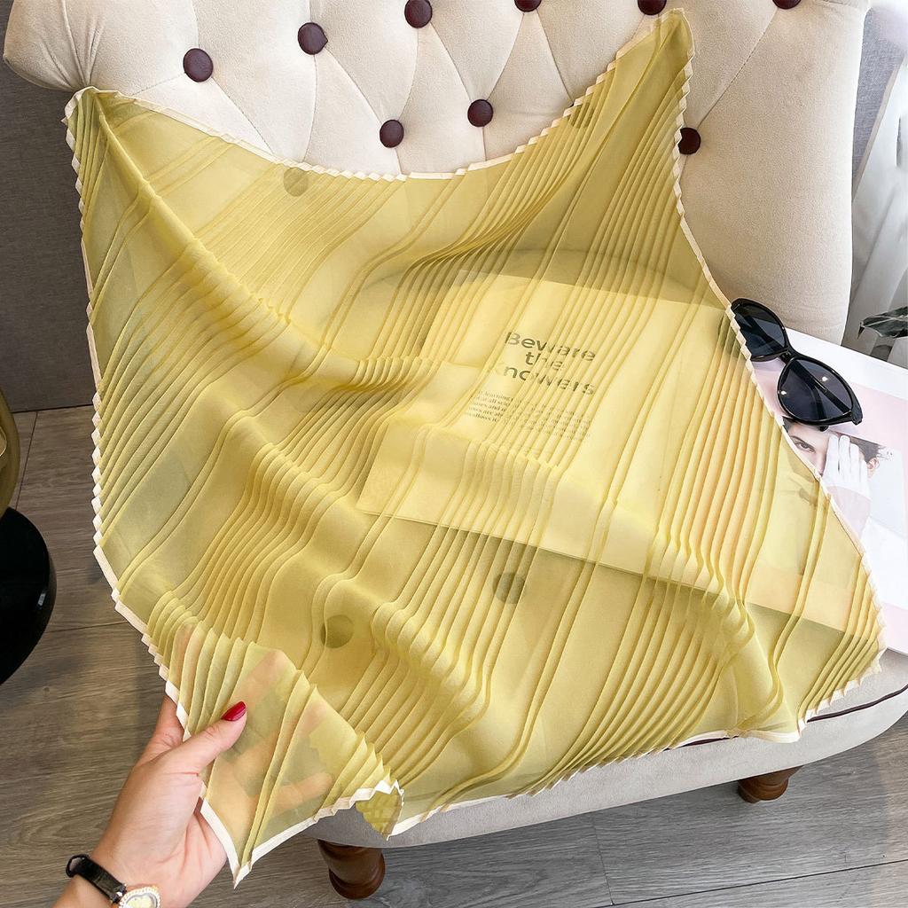 Solid Color Simulated Silk Scarf Women'S Spring Summer Pleated Small Square Scarf High-End Fashion Versatile Scarf