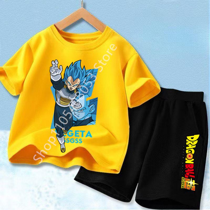 Dragon Ball Son Goku Anime T-shirt Set Kids Short Sleeve Pocket Shorts Ventilate 2-piece Set Boys Girls Cartoon Clothing