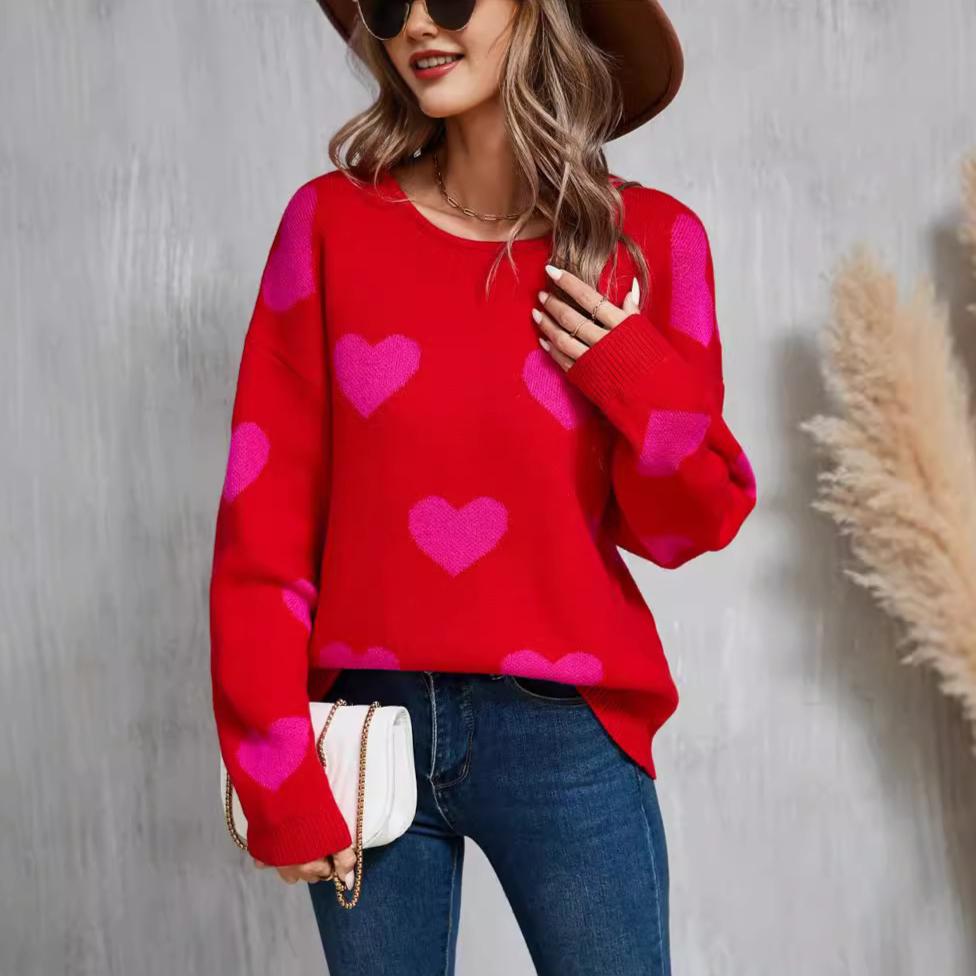 Зимний женский свитер Love Valentine's Day Pullover Heart Color Clash Sweater