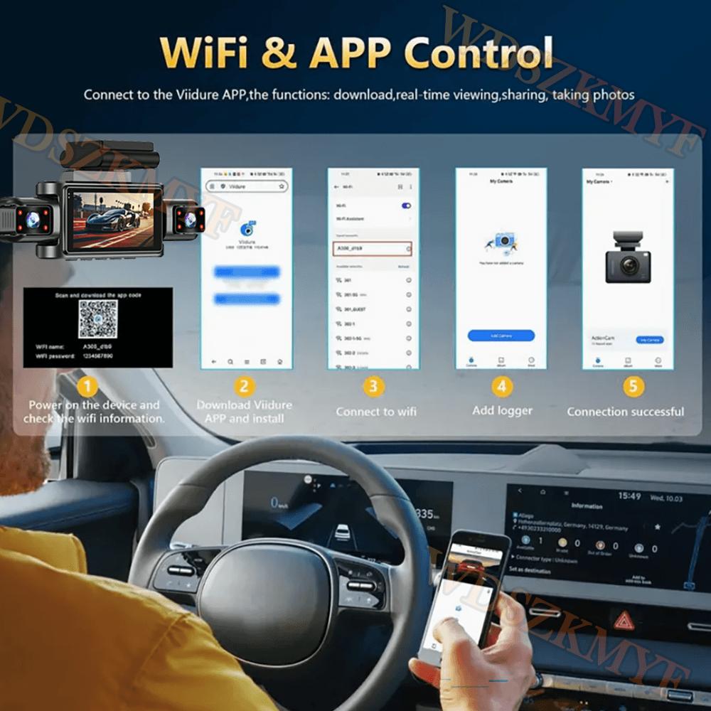 1080P WiFi Видеорегистратор для автомобиля с 3/4 объективами 360° Автоматический черный ящик Ночное видение 24-часовой мониторинг парковки Видеорегистратор для безопасности транспортного средства