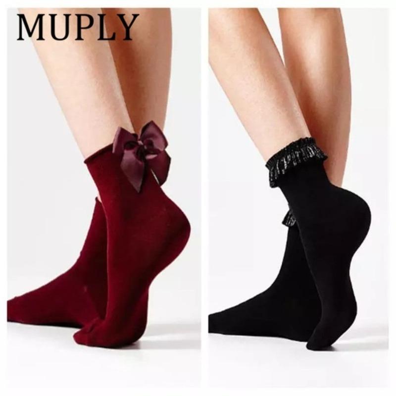 Женские модные хлопковые носки с большим бантом, однотонные повседневные женские короткие носки