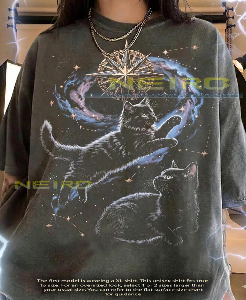 Black Cat Cosmic Space Kittens Feline Animal Lover Comfort Colors® Tshirt, Mystical Galaxy Nebula Constellations Celestial Star Tee