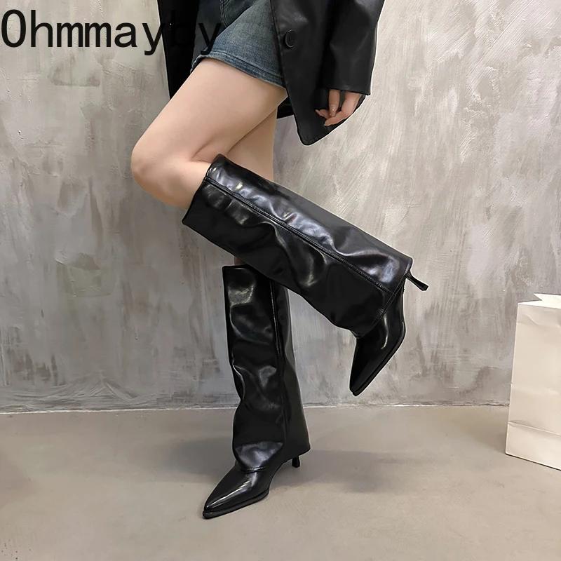 Уличный стиль, женские сапоги до колена, модные, с острым носком, длинные, на тонком каблуке, осенне-зимняя обувь