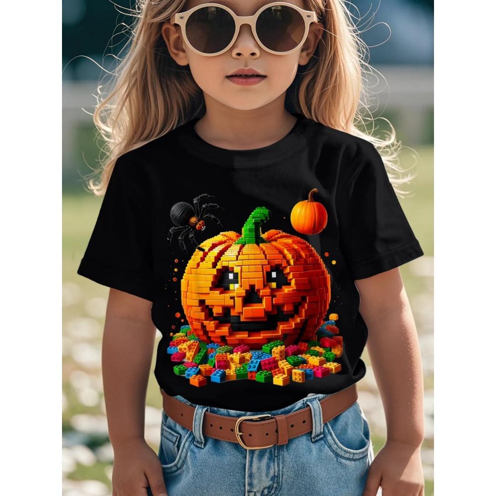 Halloween Block Pumpkin T-shirt for Boys and Girls Black Jack-o'-lantern T-shirt Halloween Costume Casual Children's Clothing