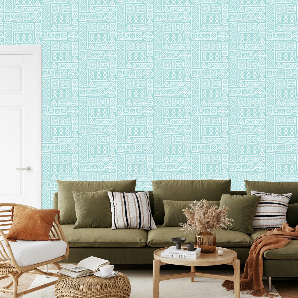 Polynesian Geometric Pattern Wallpaper Celadon and White 50x1000