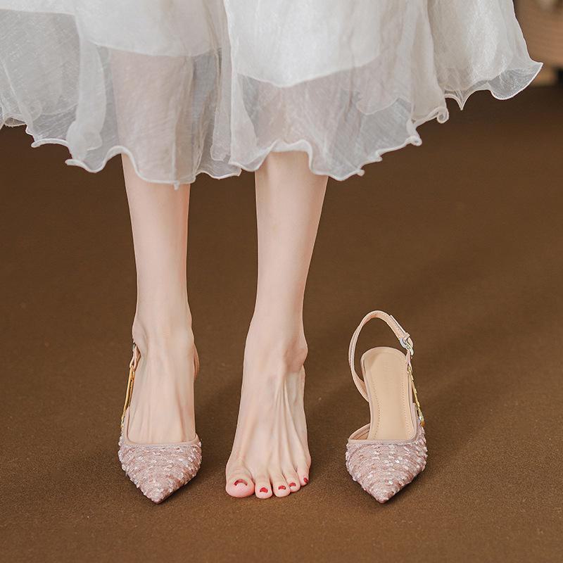 2024 Французские розовые босоножки со стразами и пайетками на шпильке