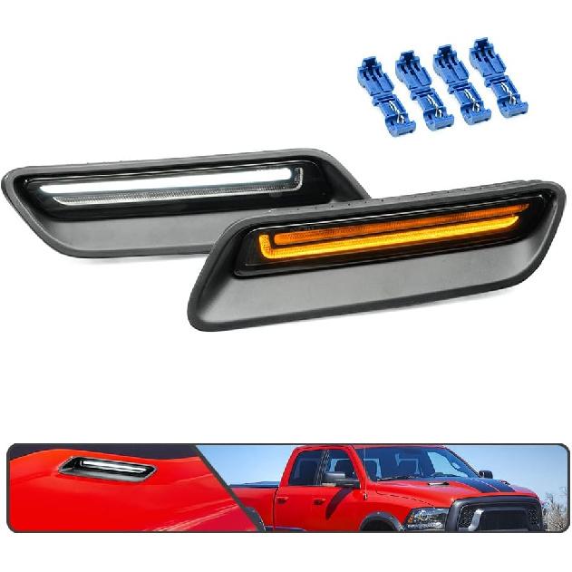 2Pcs White&Amber LED Hood Scoop Light for 2010-2018 Ram 1500 Sport Hood Air Flow Vent Grille Lamp with DRL Turn Signal Lights Functions Smoked Lens