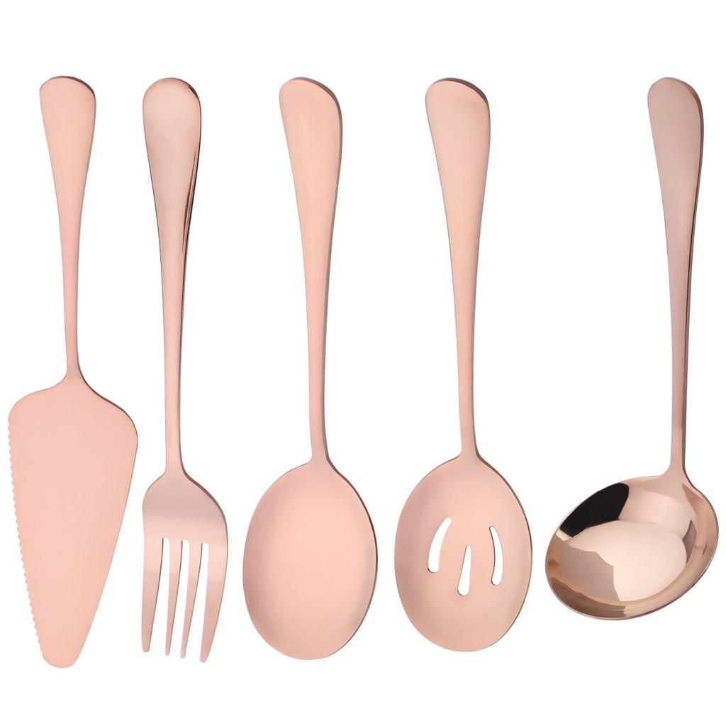 5 шт./компл. золотой набор столовых приборов, столовые приборы из нержавеющей стали, ложка для супа, дуршлаг, ложка, ложка для обслуживания, вилка для салата, лопаточка для торта, кухонная посуда