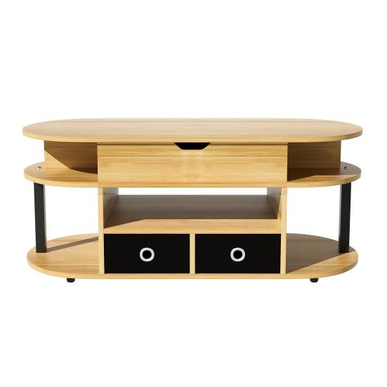 Home Coffee Table Modern Wood-Grain with Lift-Up Function Storage Space and Black Fabric Center Drawers Versatile Stylish Practical for