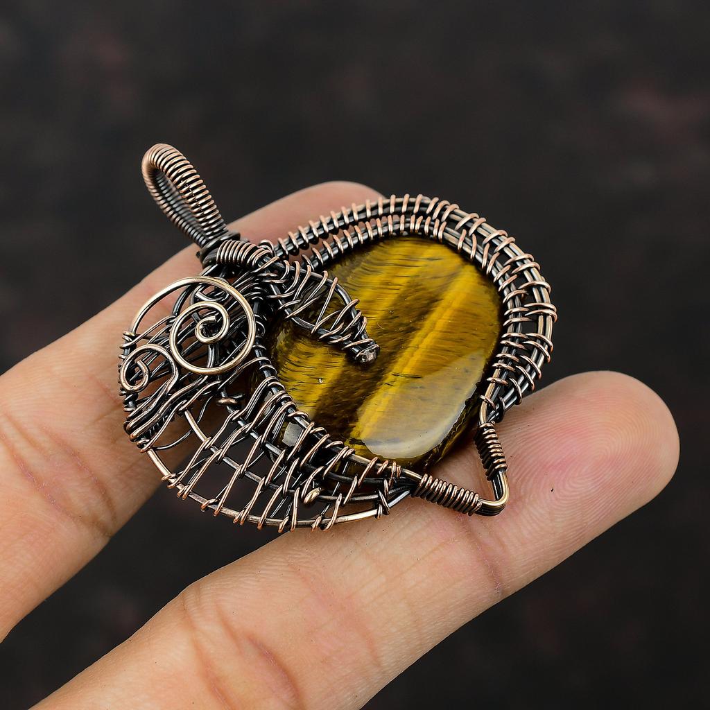 Подвеска из тигрового глаза в медной оправе, обмотанная проволокой, подвеска из натурального драгоценного камня, ювелирное изделие ручной работы, элегантная подвеска, подарок для него, красивые ювелирные изделия из медной проволоки