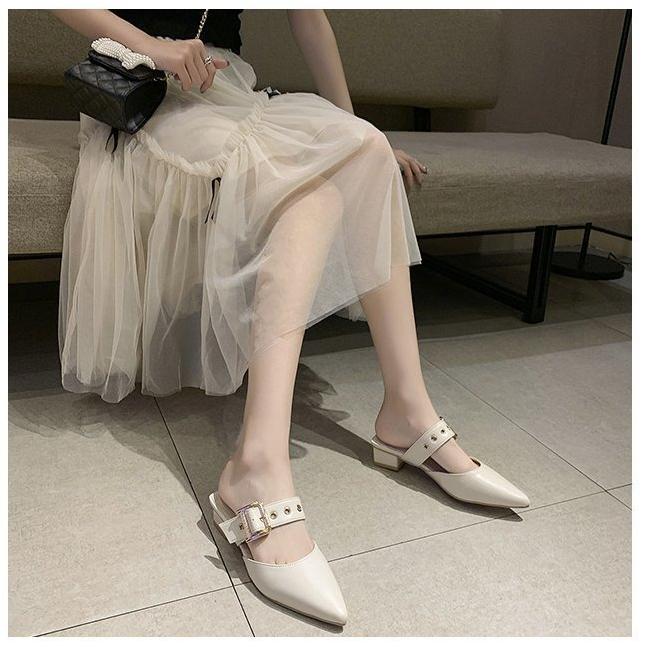 Belt Buckle Half Slippers for Women To Wear Externally 2024 Summer New Korean Style Pointed Thick Heel Wrapped Slippers for Women