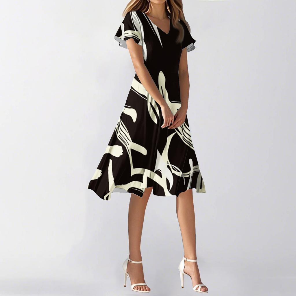 Women's Summer Casual Fashion Flower Print Dress V Neck Short Sleeve Short Skirt