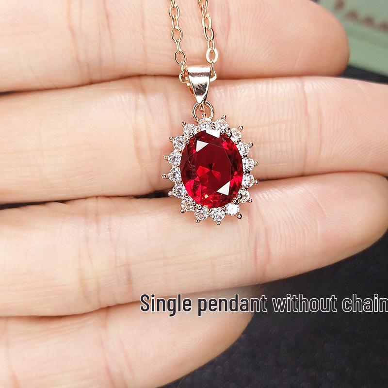 Sunflower Pendant Necklace with Pigeon Blood Ruby and Simulated 18K Gold Diamond On Rose Gold Clavicle Chain