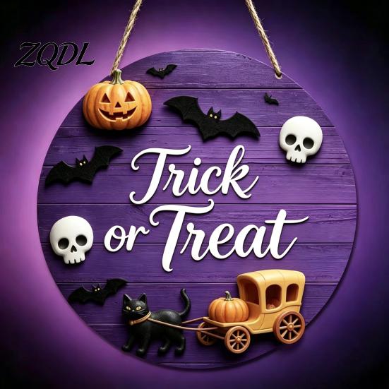 Wall Hanging Props for Halloween Wooden Trick or Treat Door Hanger, Pumpkin Ghost Bat Spider Web Welcome Classic Signs Sign with Jute Rope, Farmhouse