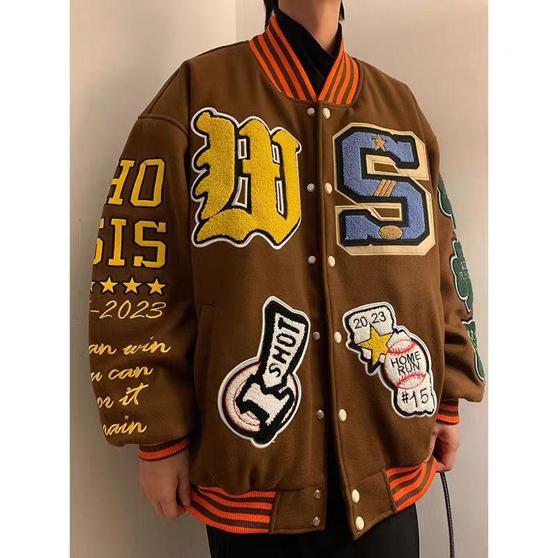 American Baseball Jacket Heavyweight Embroidered Wool Blend Loose Fit Men Women Couple Style Winter