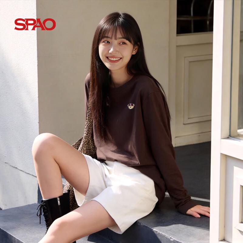 Женская хлопковая футболка SPAO с круглым вырезом и длинным рукавом с вышивкой мишки
